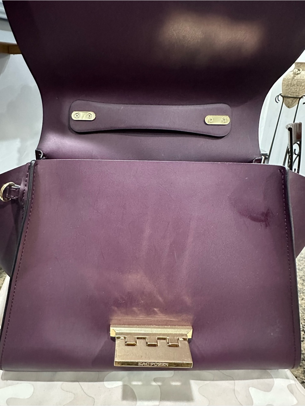 Zac Posen Plum Structured Top-Handle Satchel with Gold Hardware - Picture 6 of 12